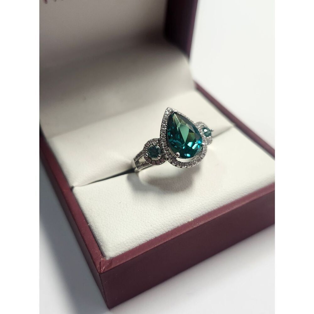 Sterling Silver Designer D'Manis Teardrop Emerald Green Halo Ring  Size 8 - Picture 2 of 7